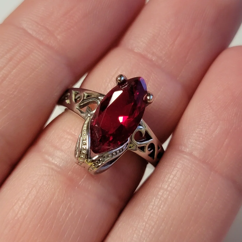 Faux Ruby Marquise Cocktail Ring Silver Tone